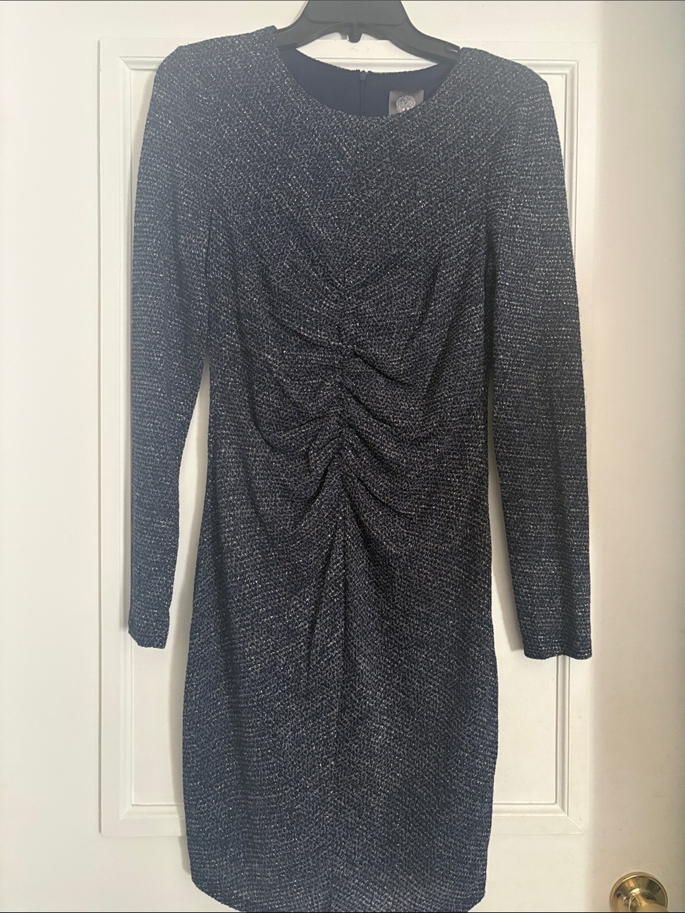 Long Sleeve Ruched Knit Dress in Navy Blue and Silver